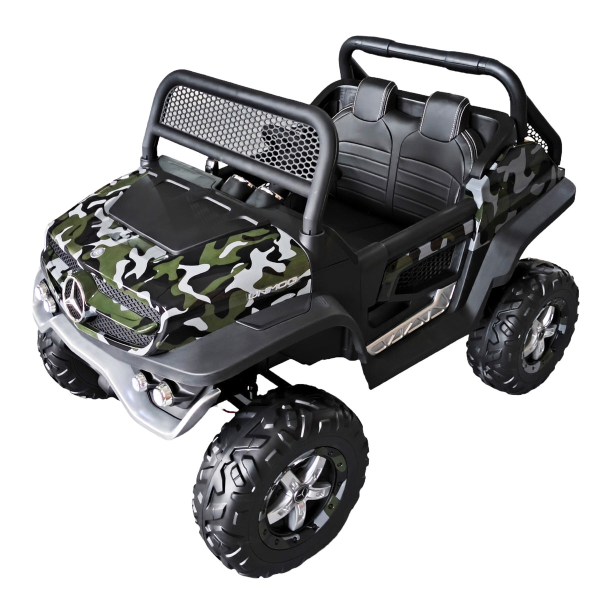 Toy off-road vehicle with camouflage pattern on a white background