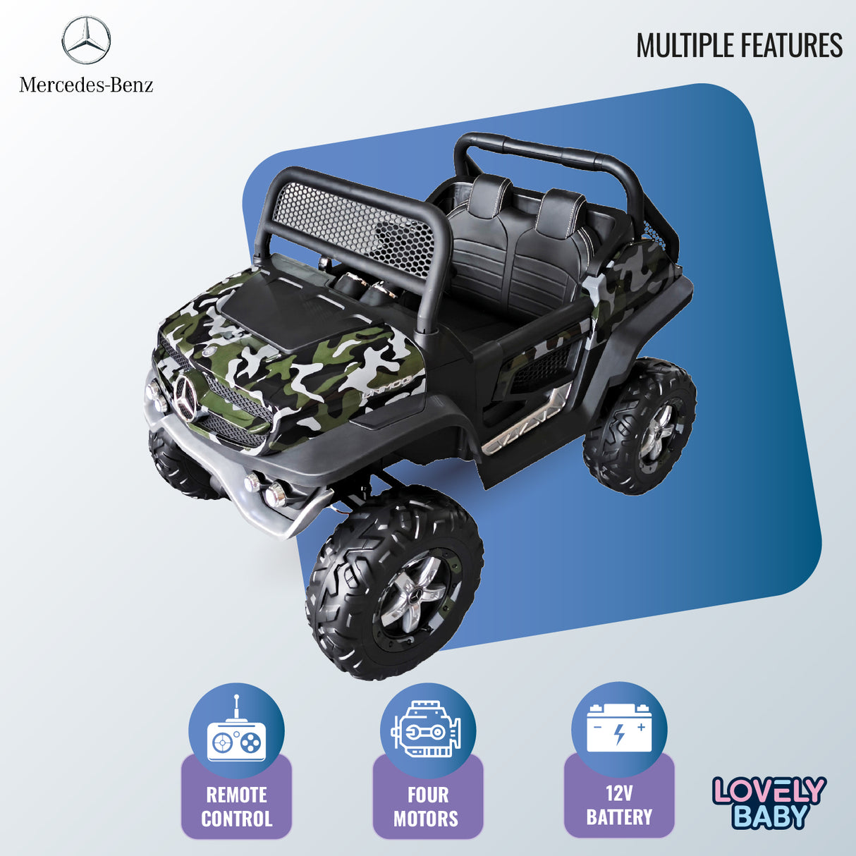 Toy vehicle with camouflage pattern on a blue and white background, featuring Mercedes-Benz logo.