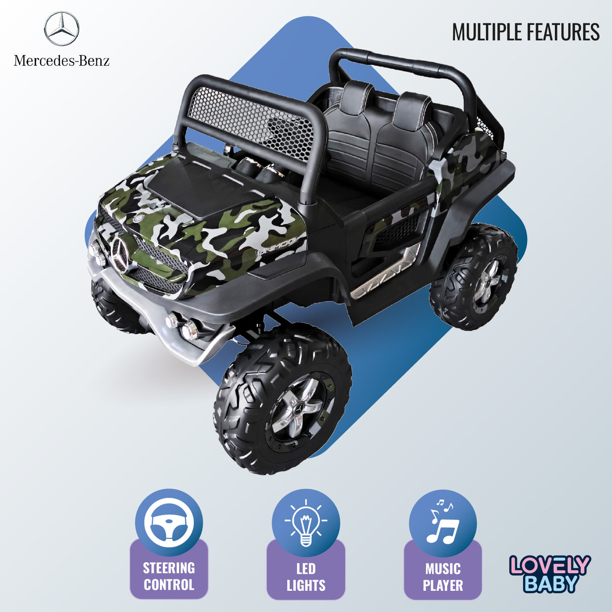 Toy vehicle with Mercedes-Benz logo on a blue and gray background