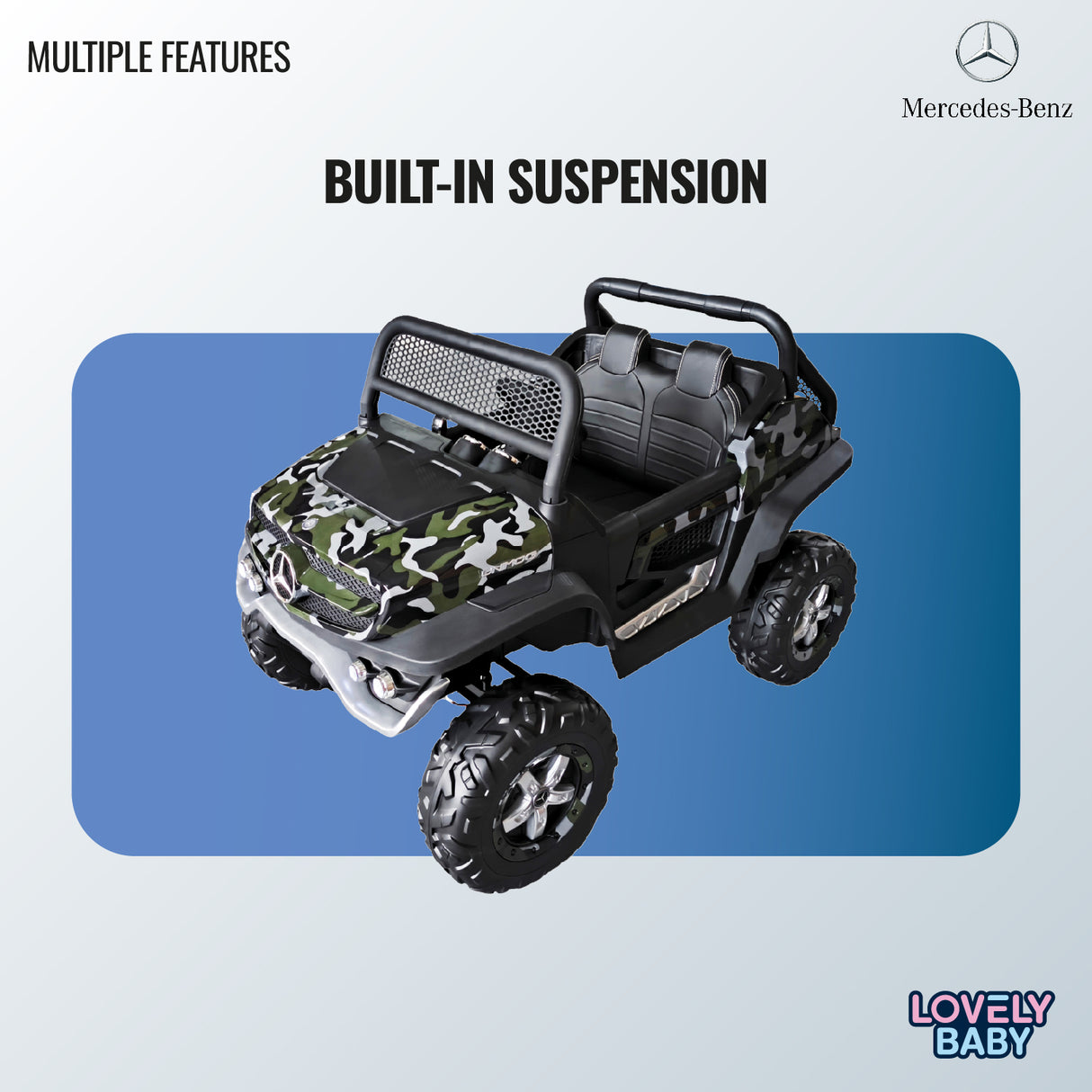 Children's toy car with camouflage design and built-in suspension on a blue and gray background, featuring Mercedes-Benz logo.