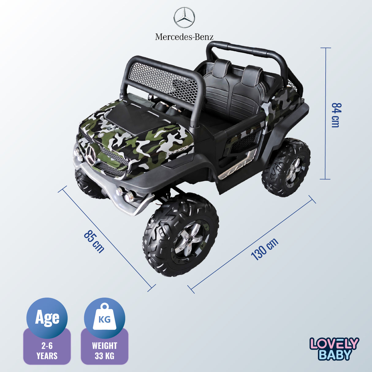 Children's toy car with Mercedes-Benz logo and dimensions on a light gray background