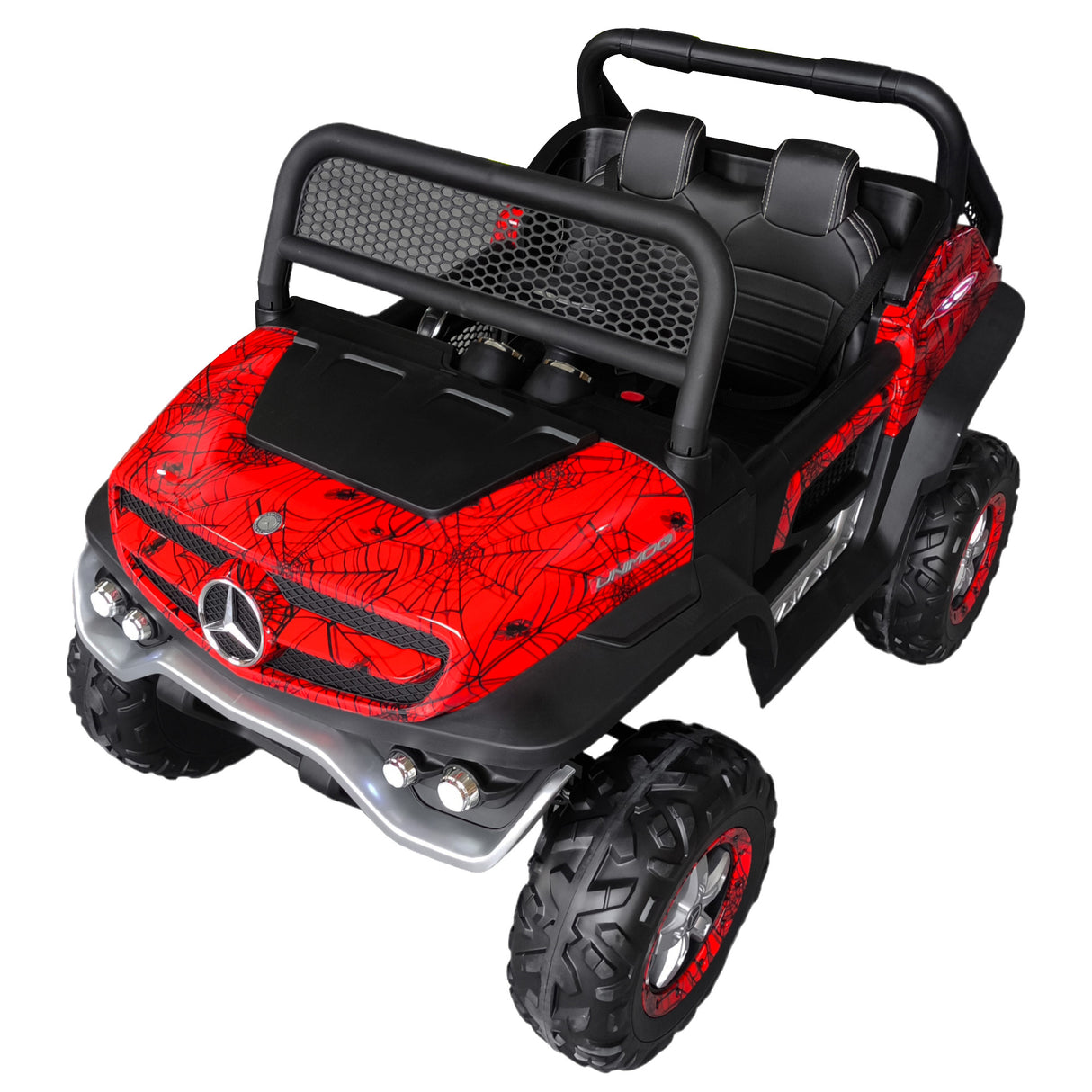 Red and black toy car with Mercedes-Benz logo on a white background