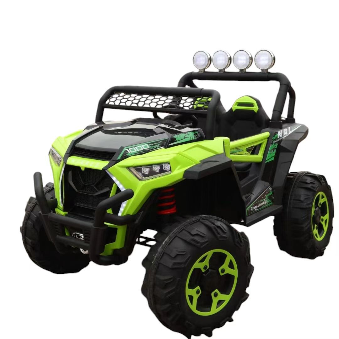 Toy off-road vehicle with green and black color scheme on a white background