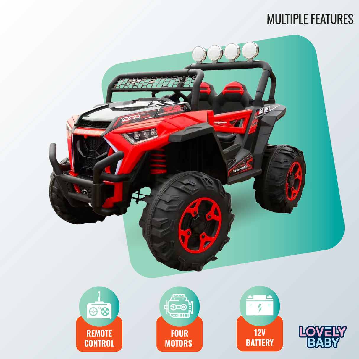 Red toy off-road vehicle with features listed on a light blue background