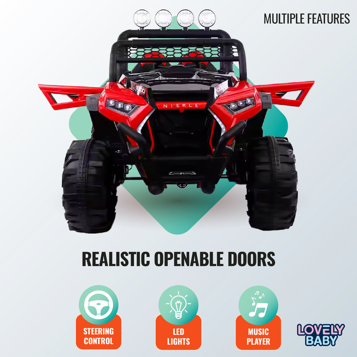 Red toy off-road vehicle with openable doors on a light gray background