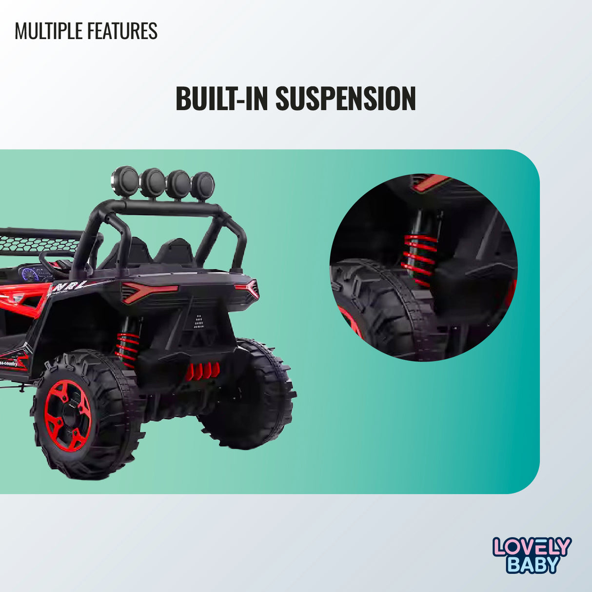 Toy off-road vehicle with built-in suspension feature highlighted on a green and gray background.