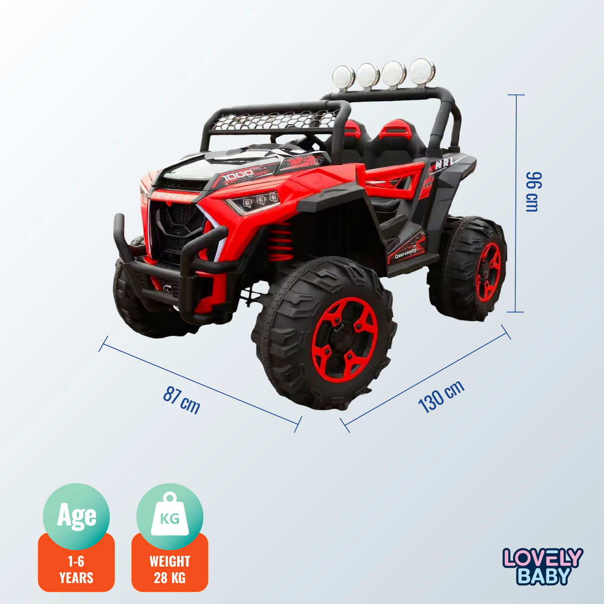 Red and black toy off-road vehicle with dimensions and brand logo on a light gray background