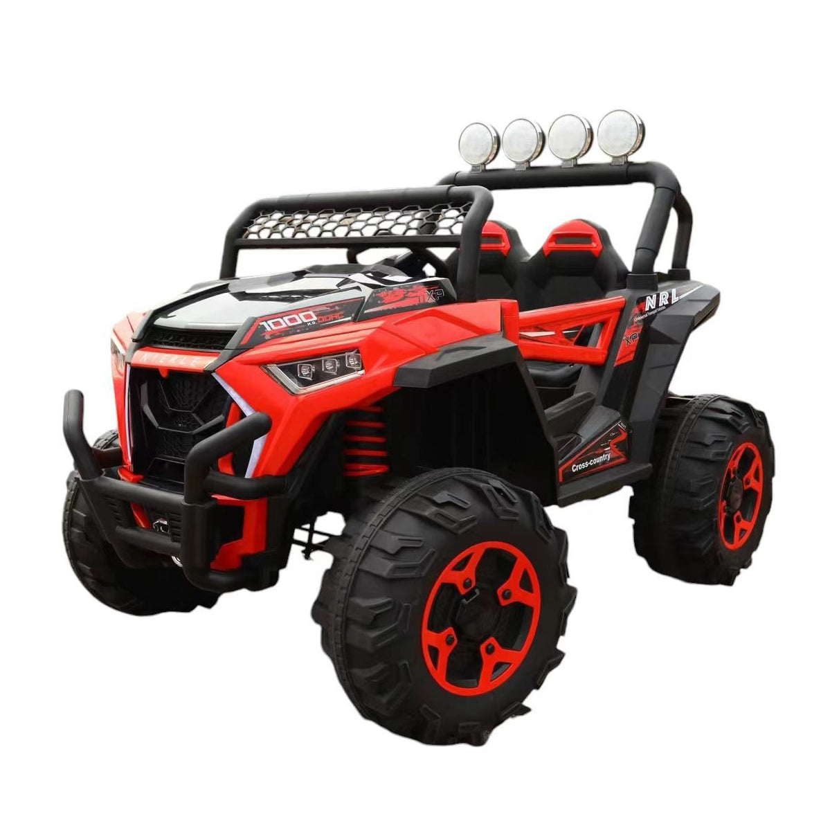 Red and black toy off-road vehicle on a white background