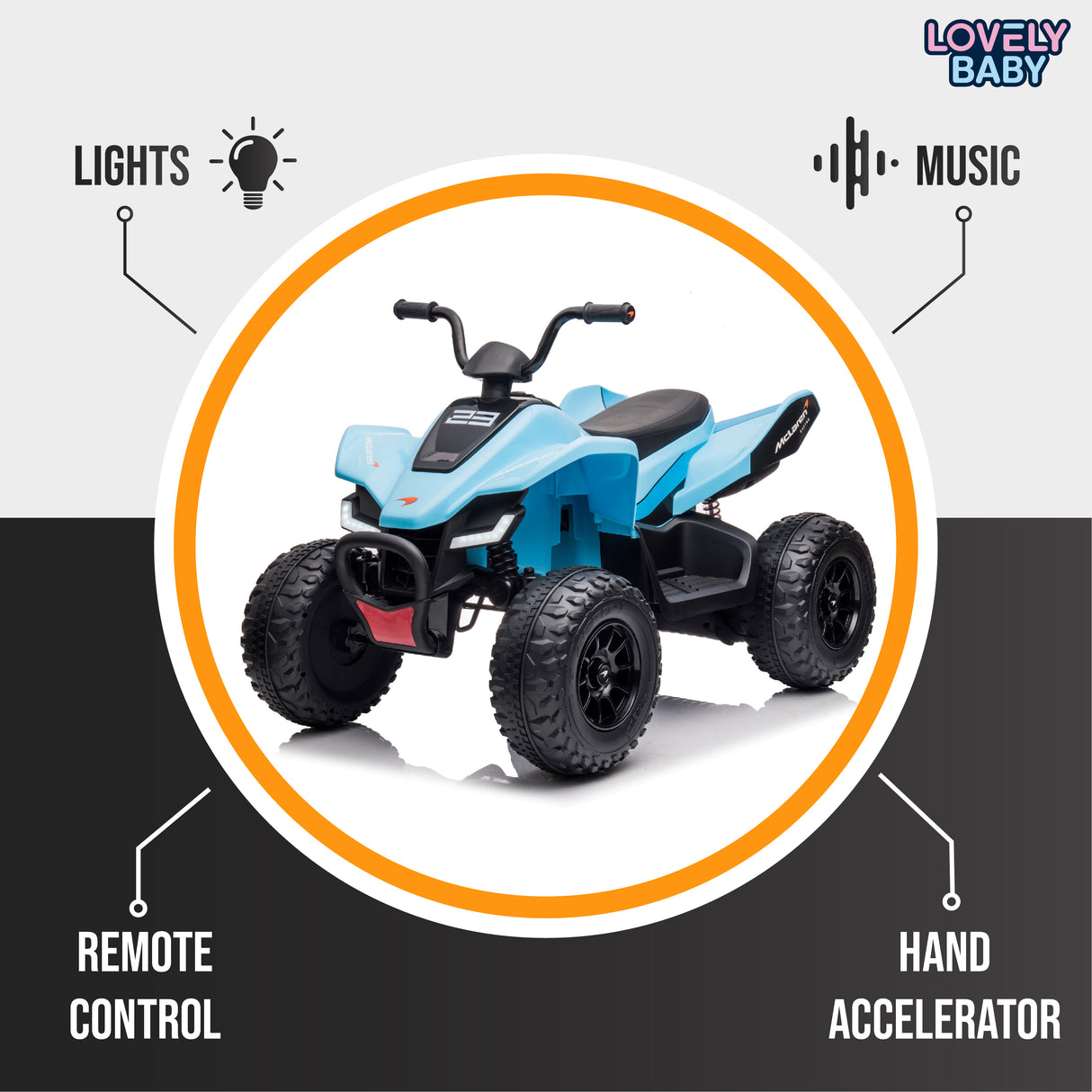 Toy ATV with features like lights, music, remote control, and hand accelerator on a gray background.