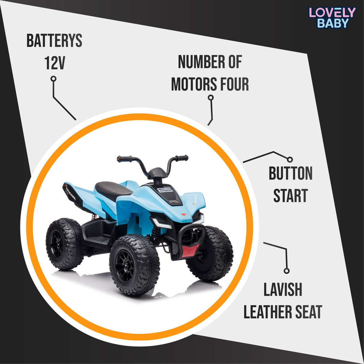 Toy quad bike with features listed on a white background