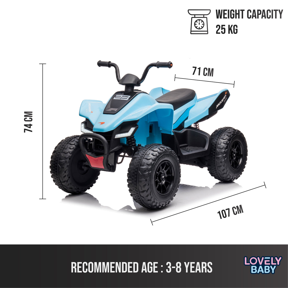 Blue children's ATV with dimensions and weight capacity on a white background