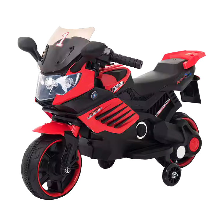 A red and black Lovely Baby power motorbike designed for kids, featuring a 3-wheel design, illuminating lights, and a storage box.