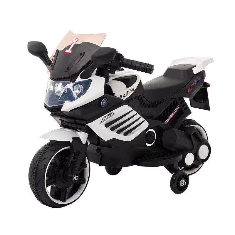 A black and white Lovely Baby power motorbike designed for kids, featuring a 3-wheel design, illuminating lights, and a storage box.