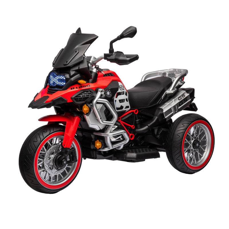 Red and black toy motorcycle on a white background