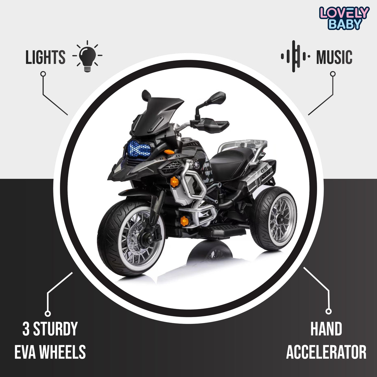 Toy motorcycle with features highlighted on a white background