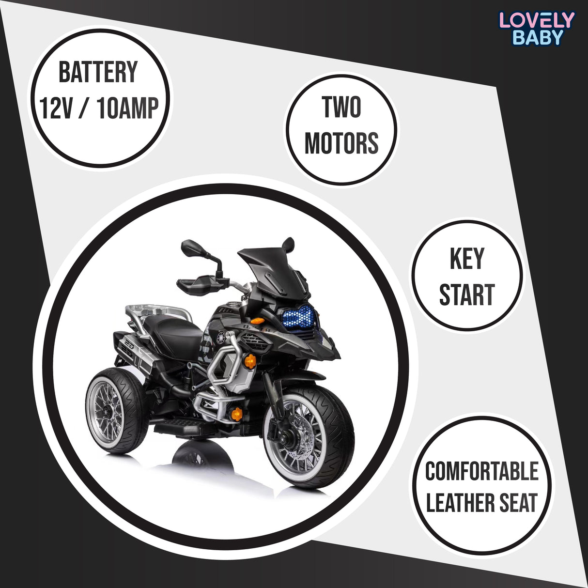 Toy motorcycle with features listed on a white background