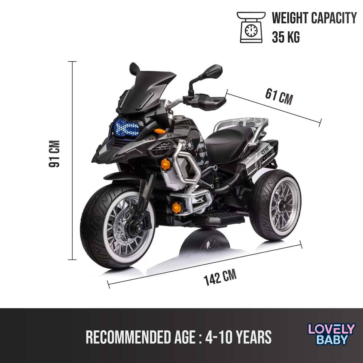 Toy motorcycle with dimensions and weight capacity displayed on a white background