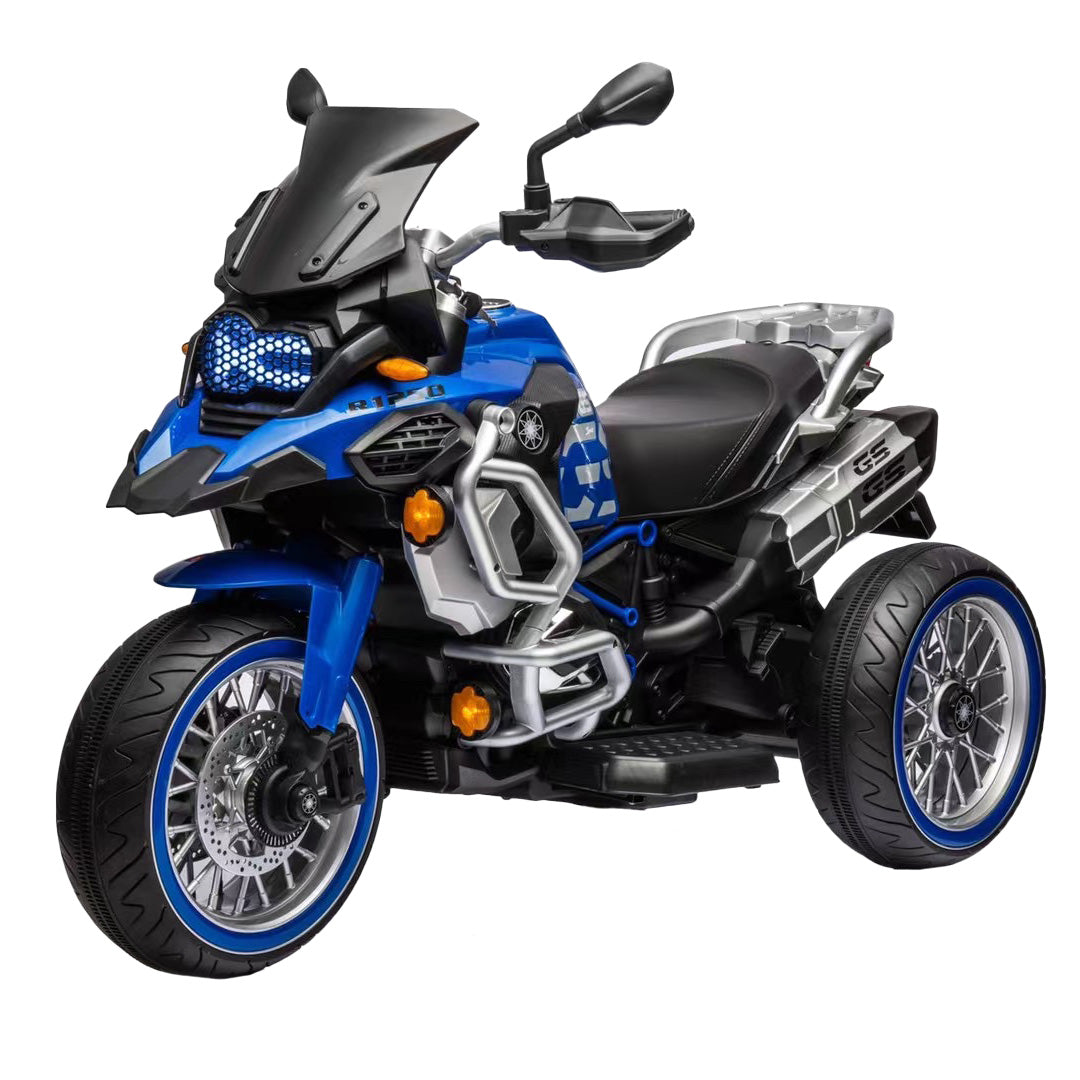 Blue and black toy motorcycle on a white background