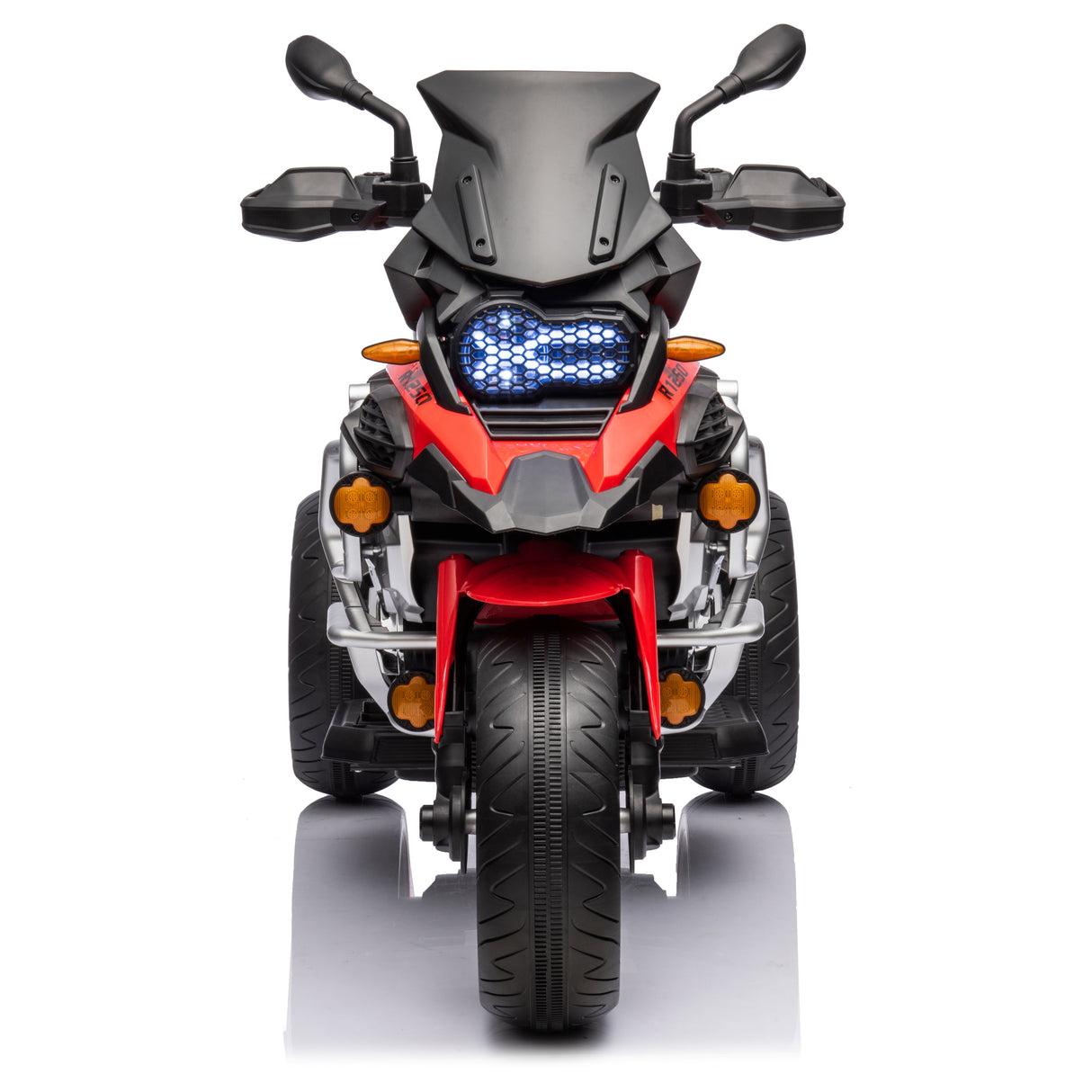 Toy motorcycle with a blue light on a white background