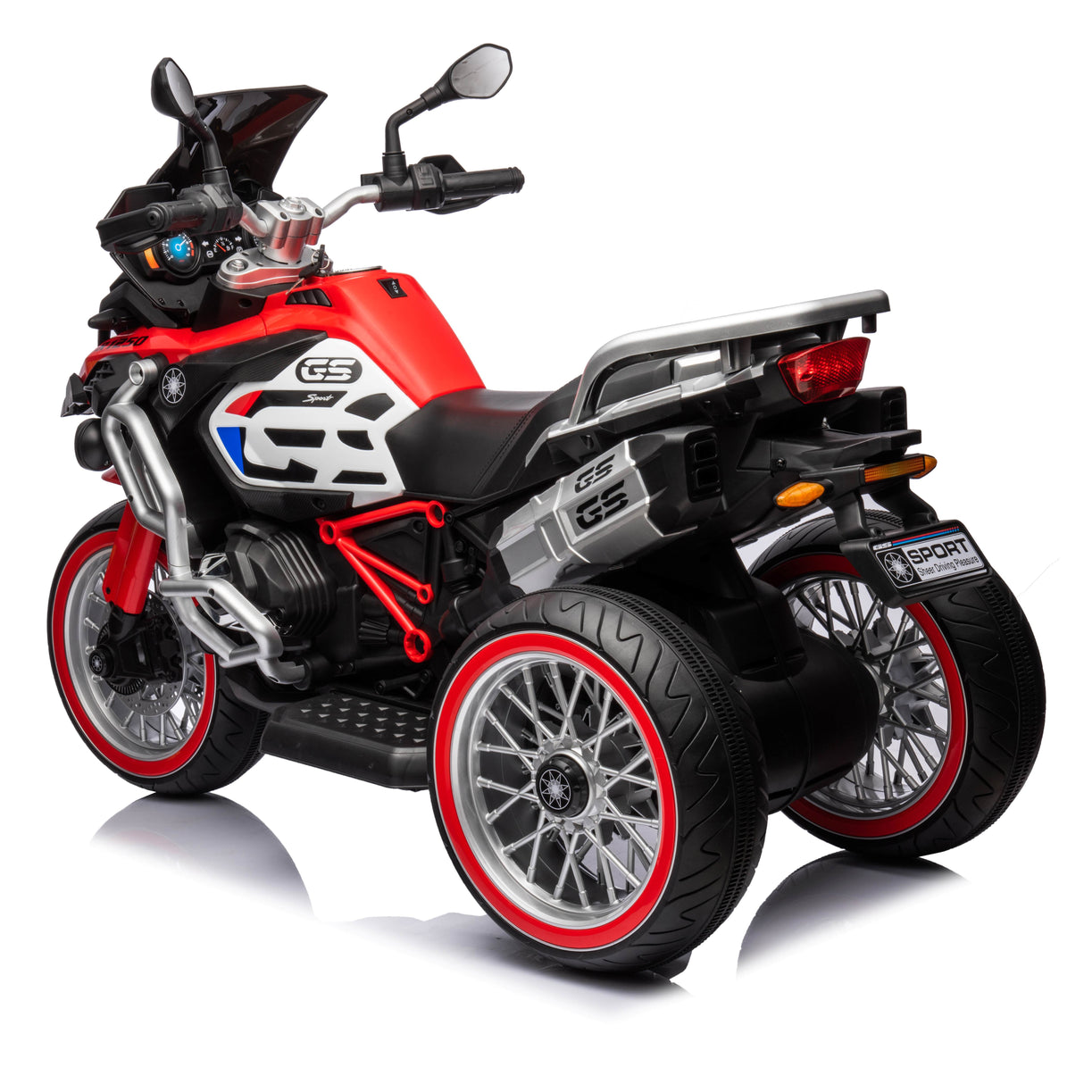 Red and black toy motorcycle with GS logo on a white background