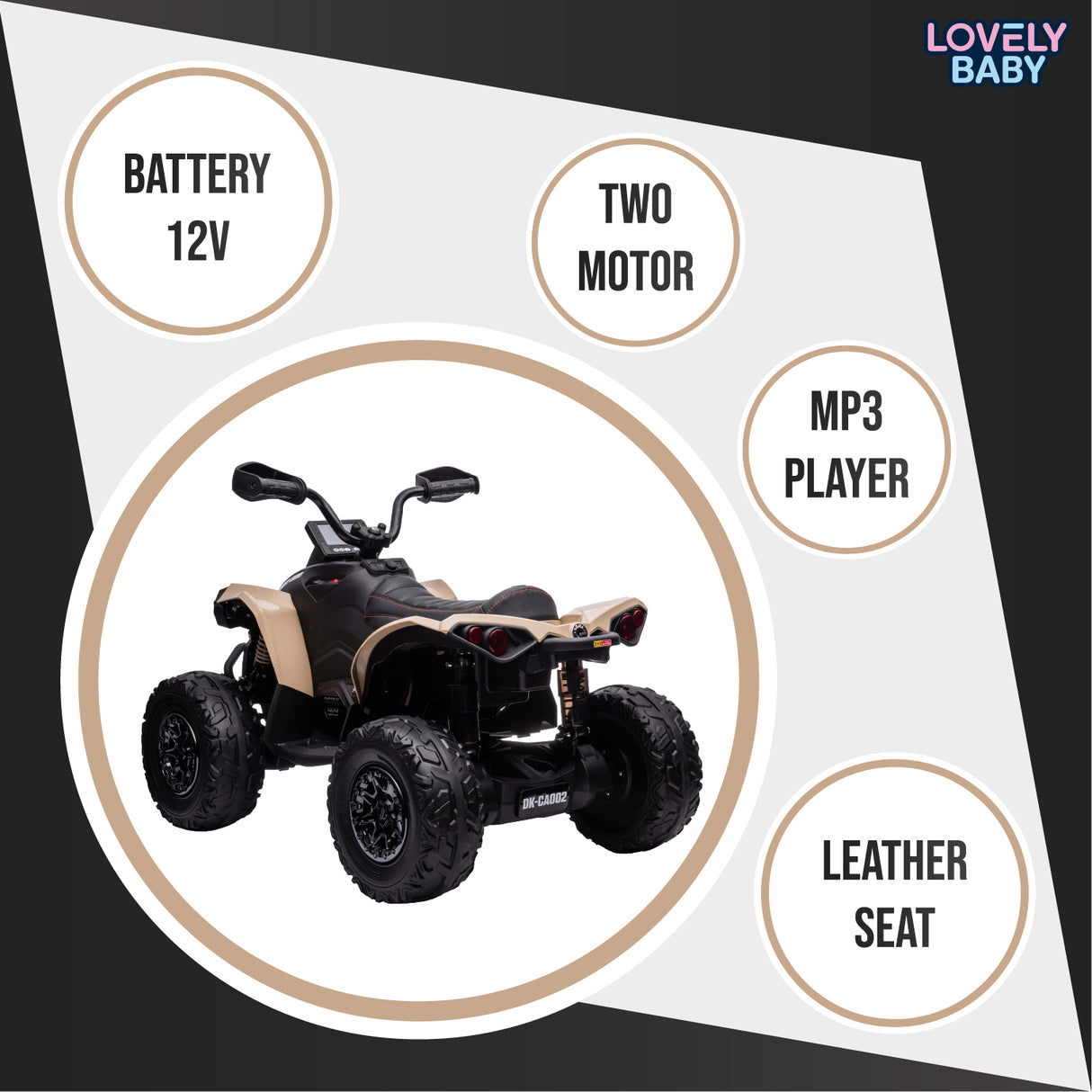 Toy ATV with features listed on a white background