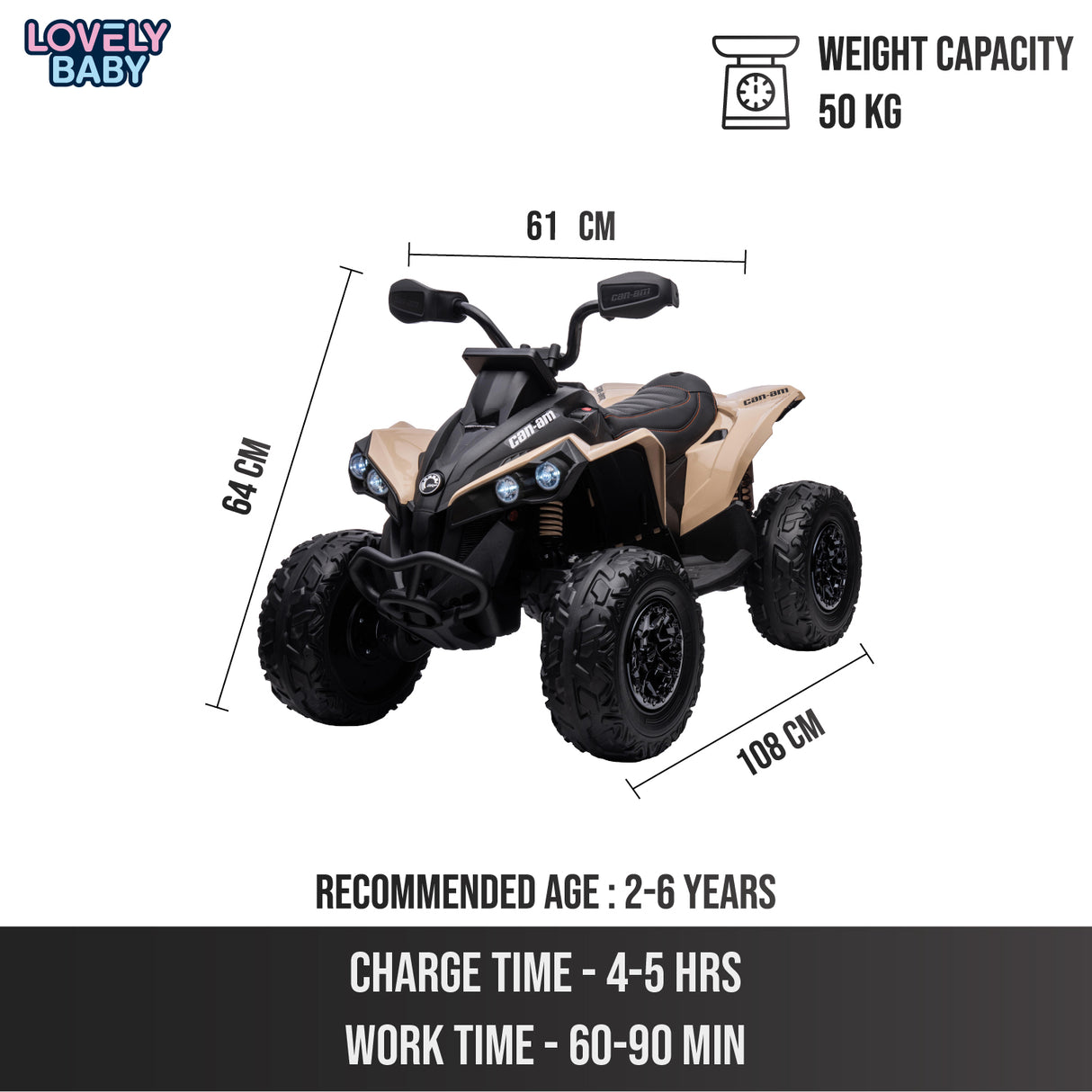 Children's ATV with dimensions, weight capacity, and other specifications on a white background.