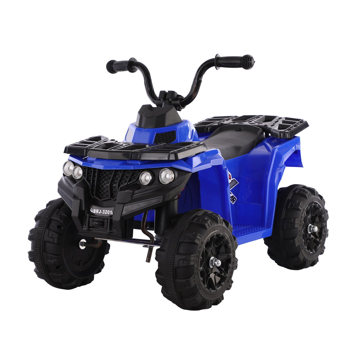 Blue and black toy ATV on a white background