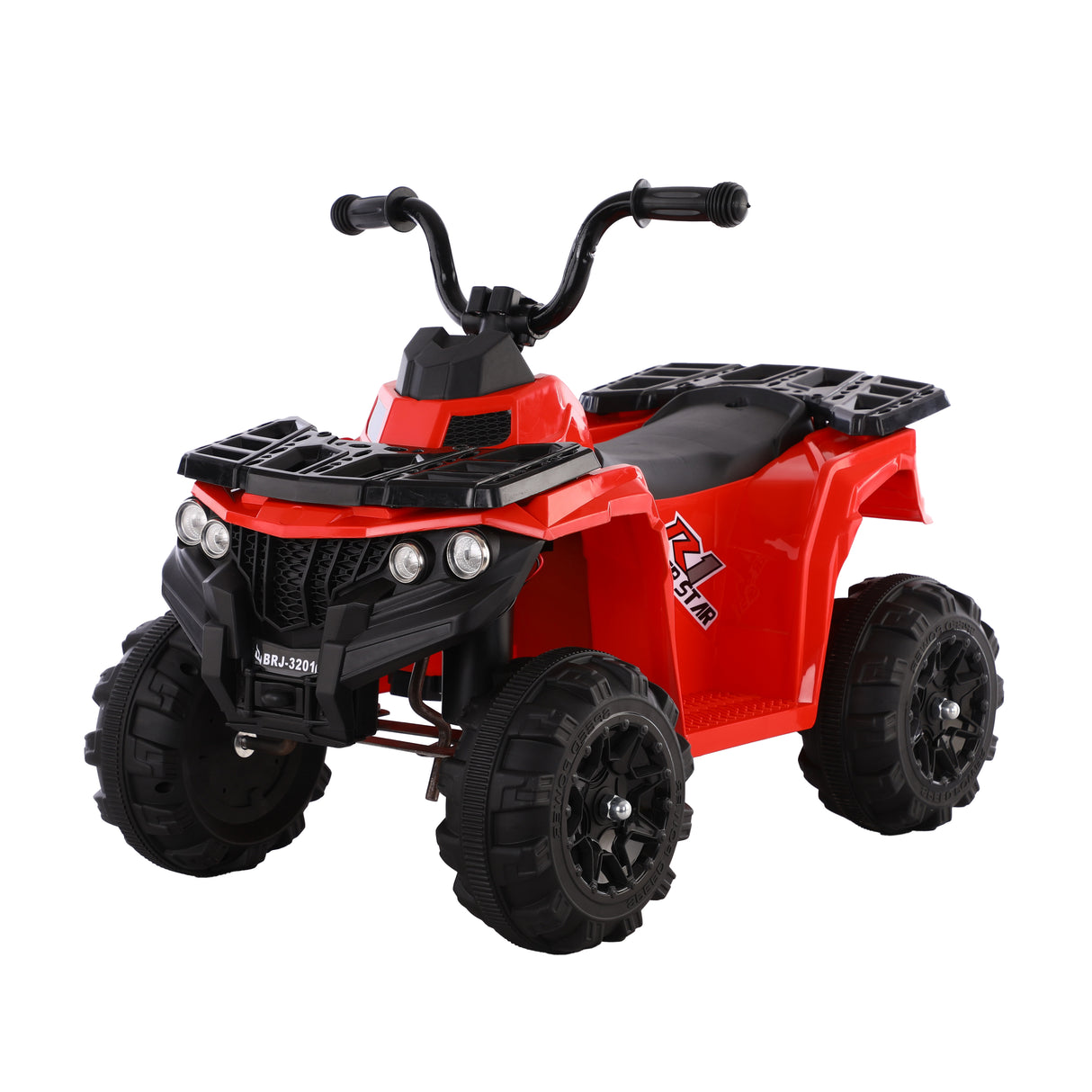 Red and black toy ATV on a white background