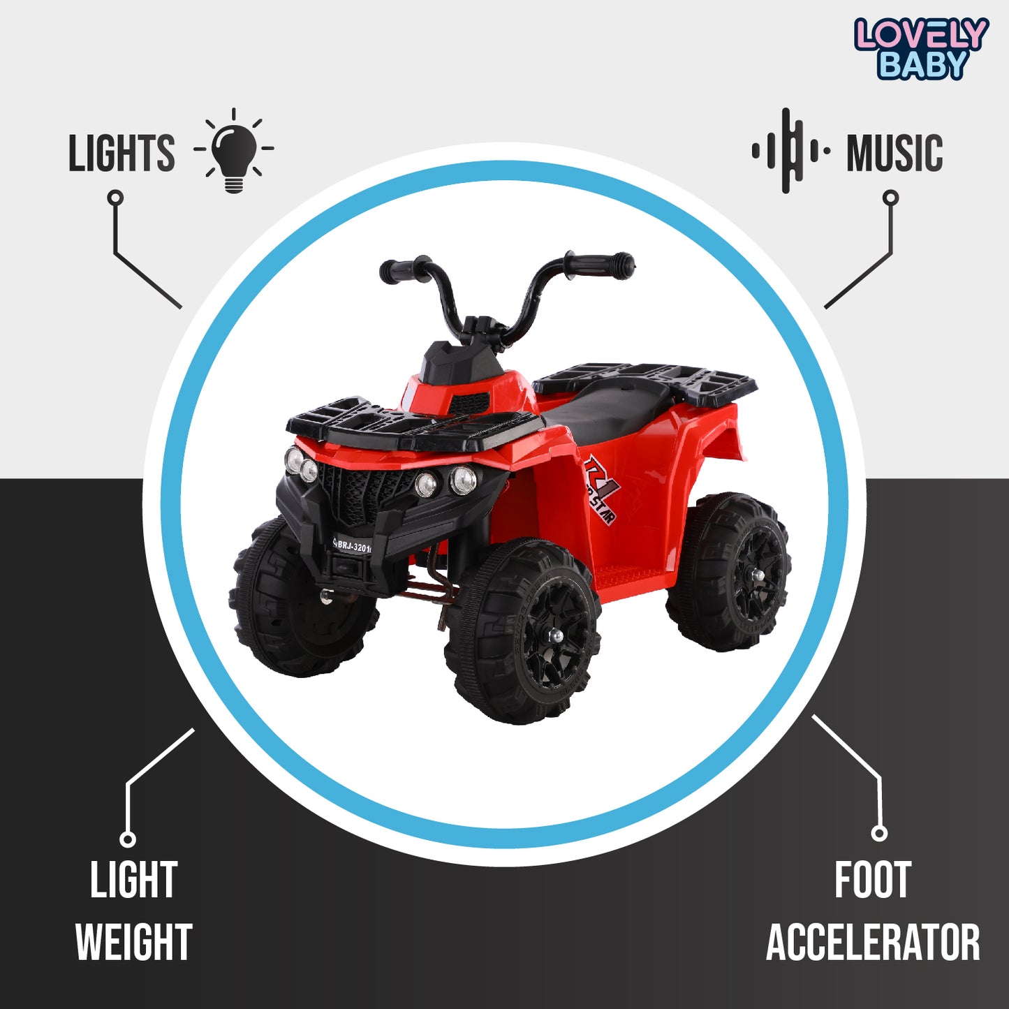 Red toy ATV with features highlighted on a gray background