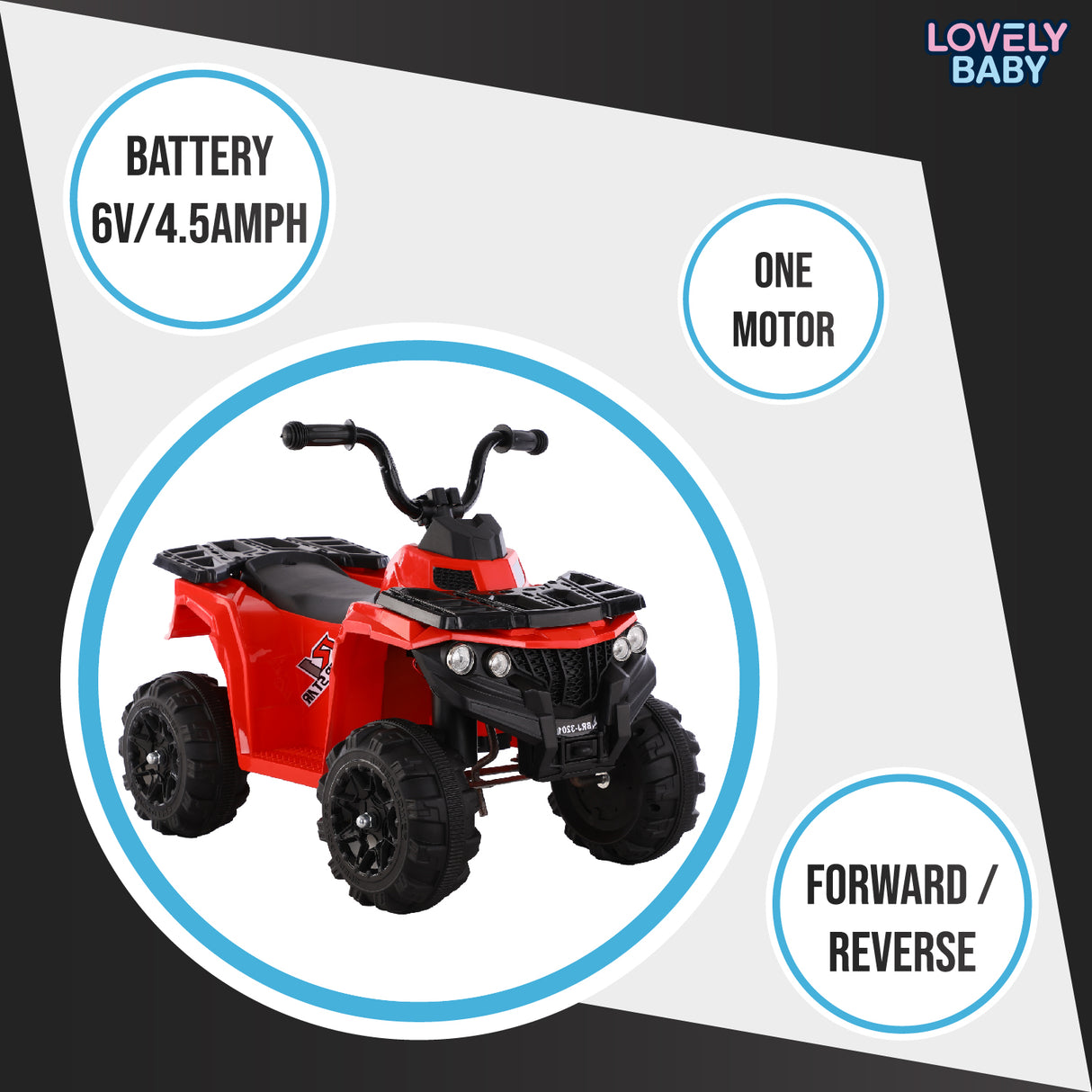 Red toy ATV with specifications on a white background, featuring the brand 'Lovely Baby'.