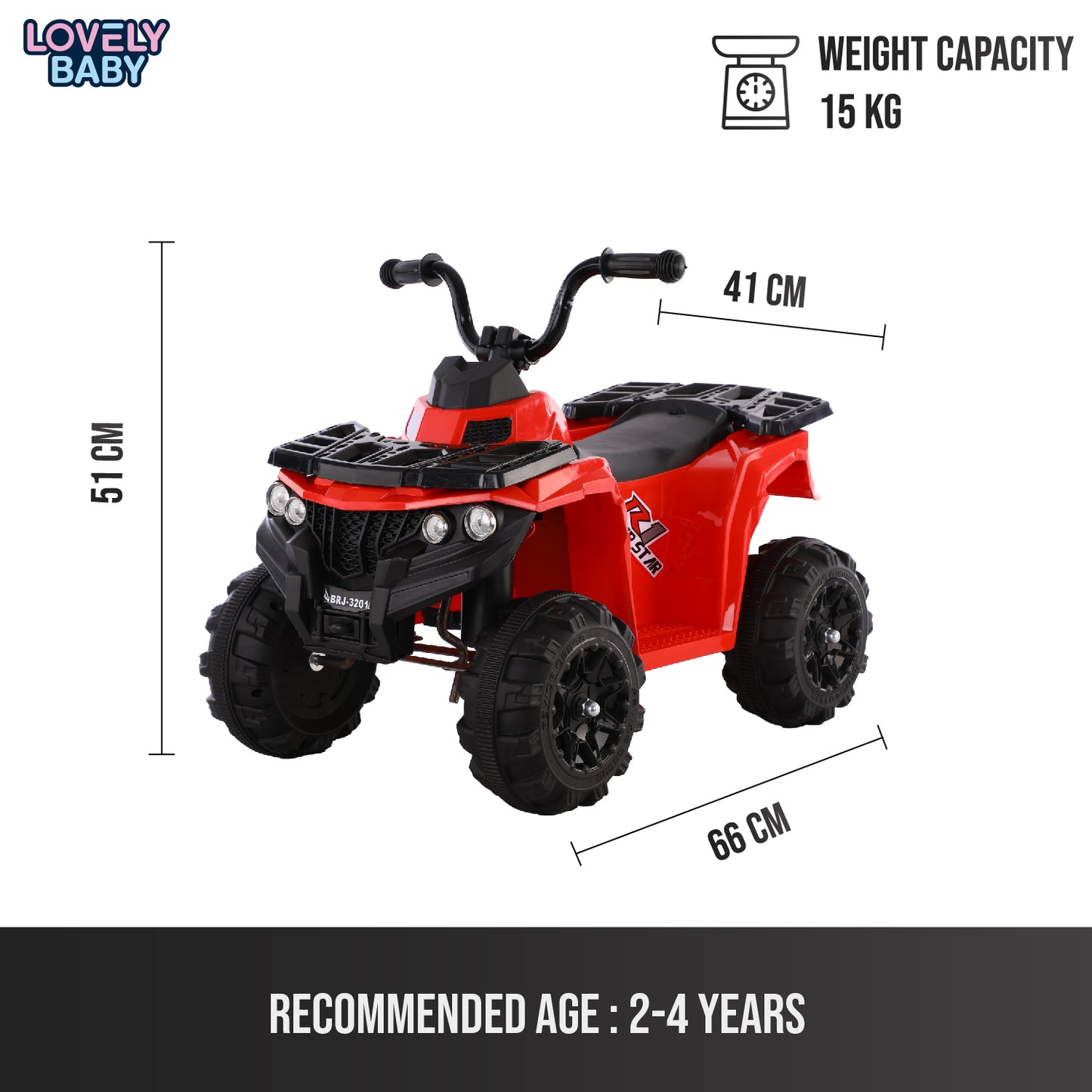 Red toy ATV with dimensions and weight capacity information on a white background
