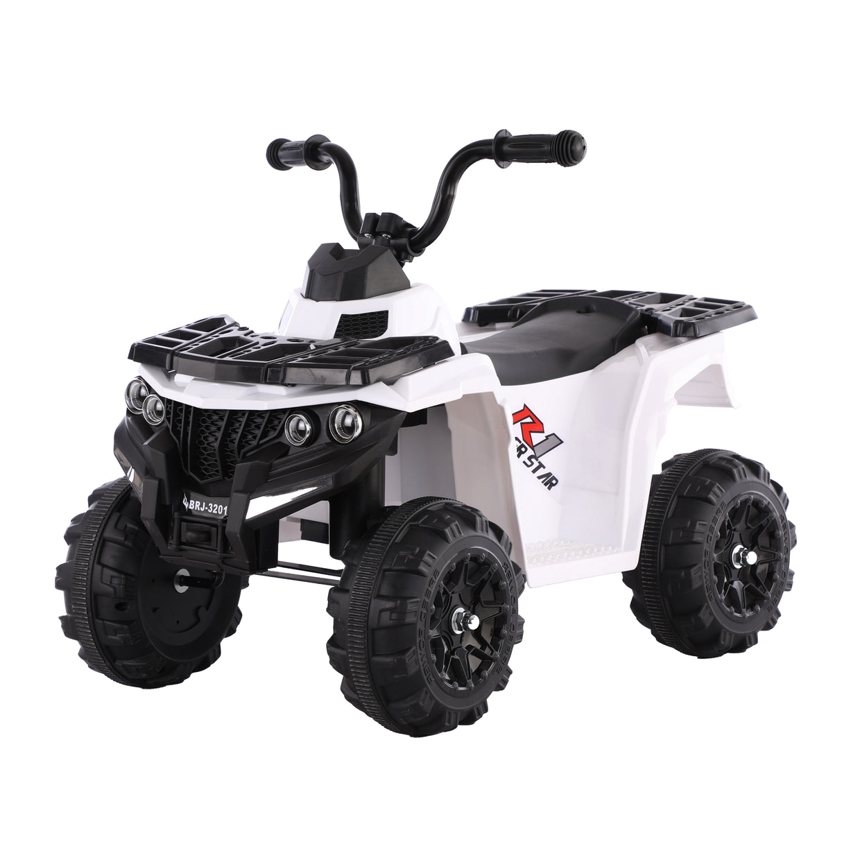 White and black toy ATV on a white background