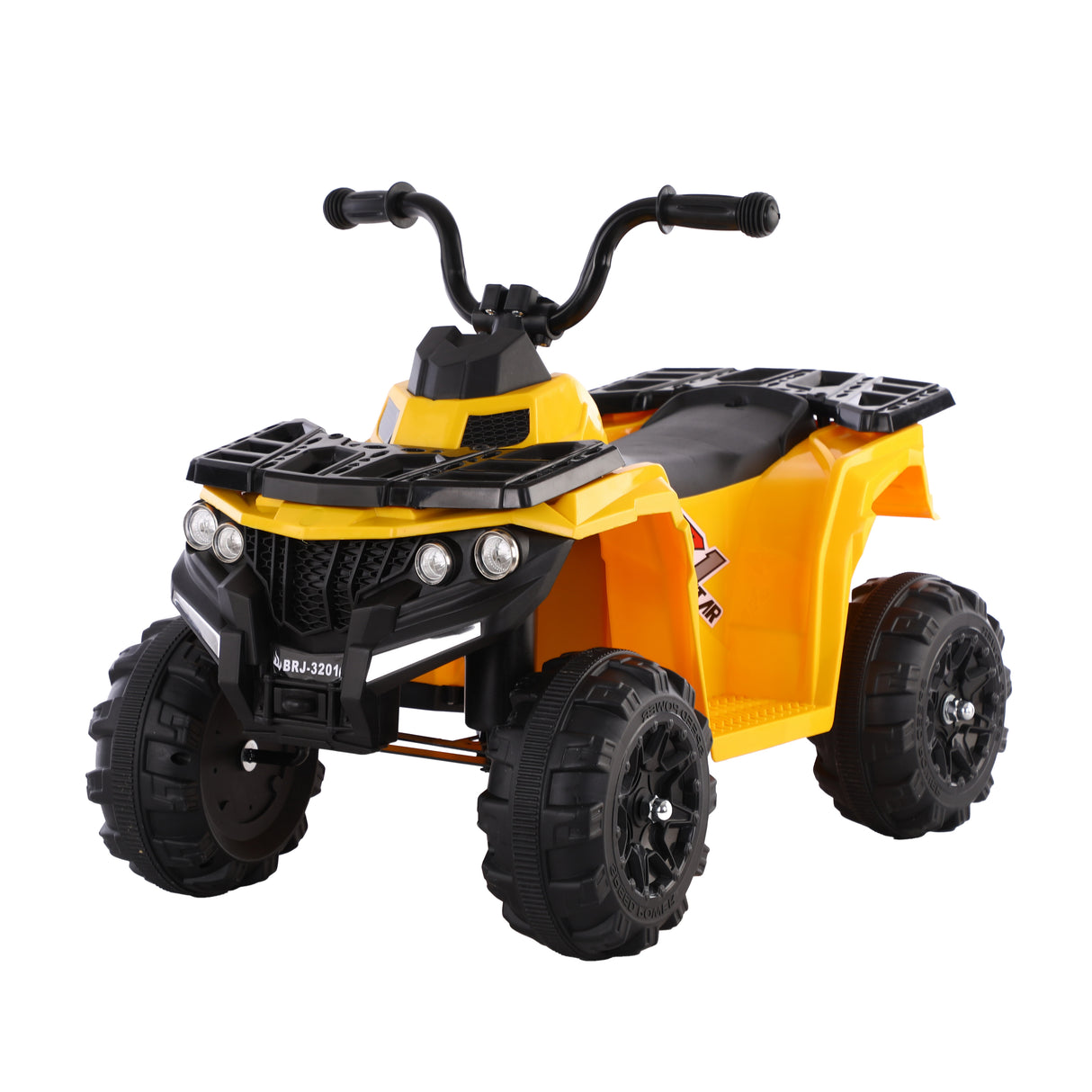 Yellow and black toy ATV on a white background