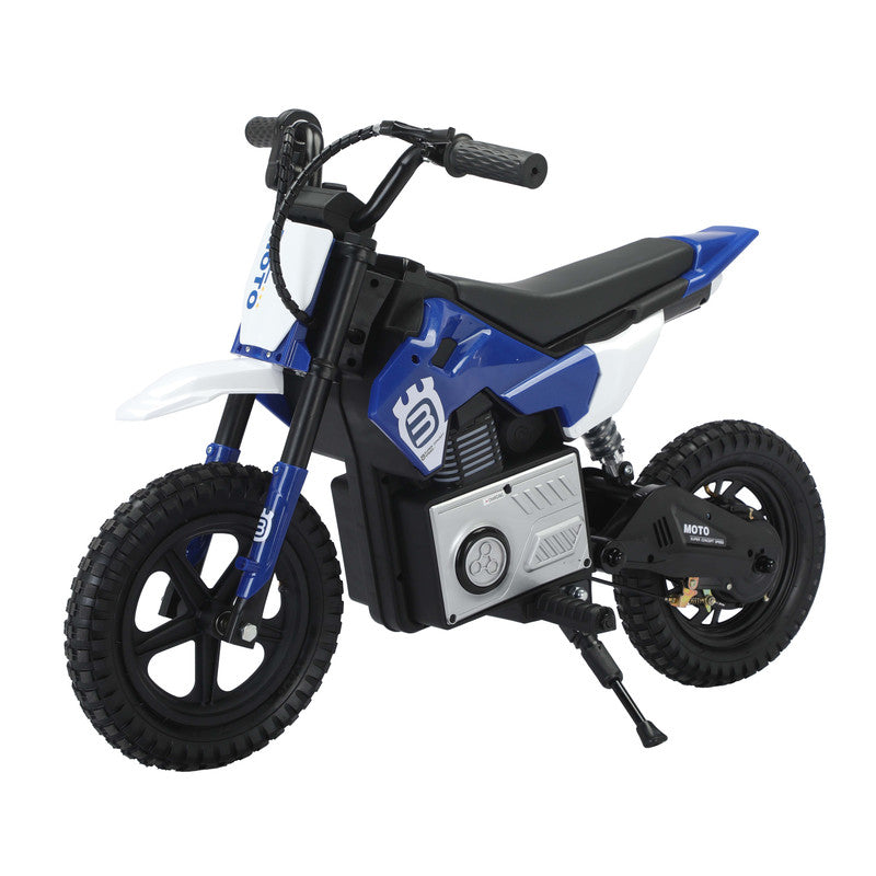 Blue and black children's electric bike on a white background