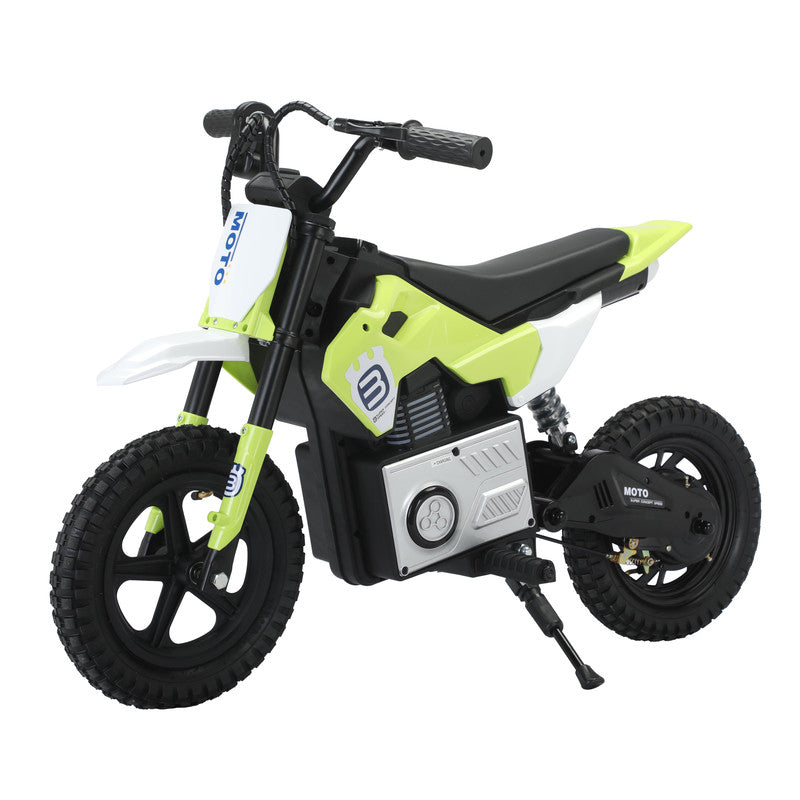 Children's electric bike with a bright green frame on a white background