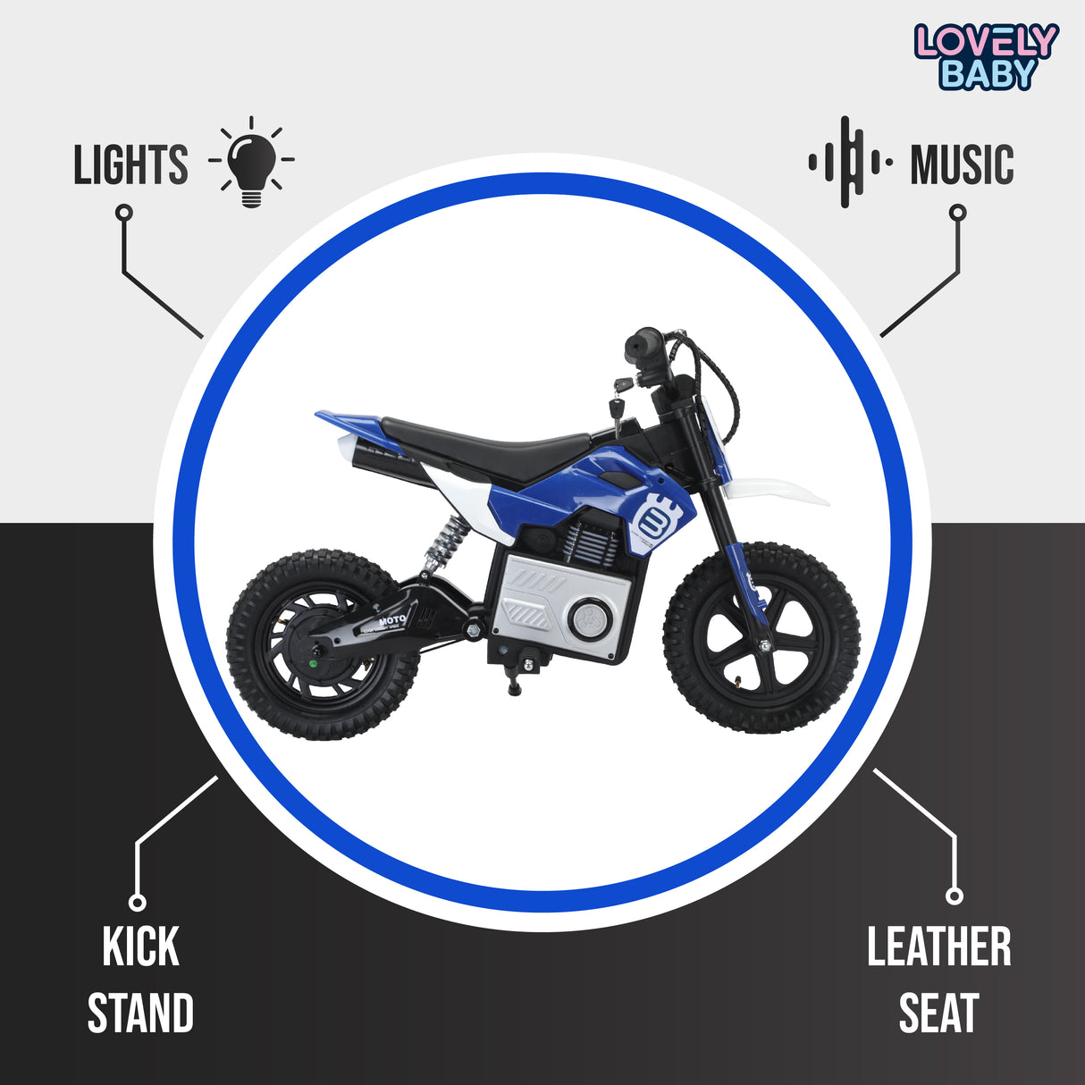Toy motorcycle with features like lights, music, kick stand, and leather seat on a gray background.