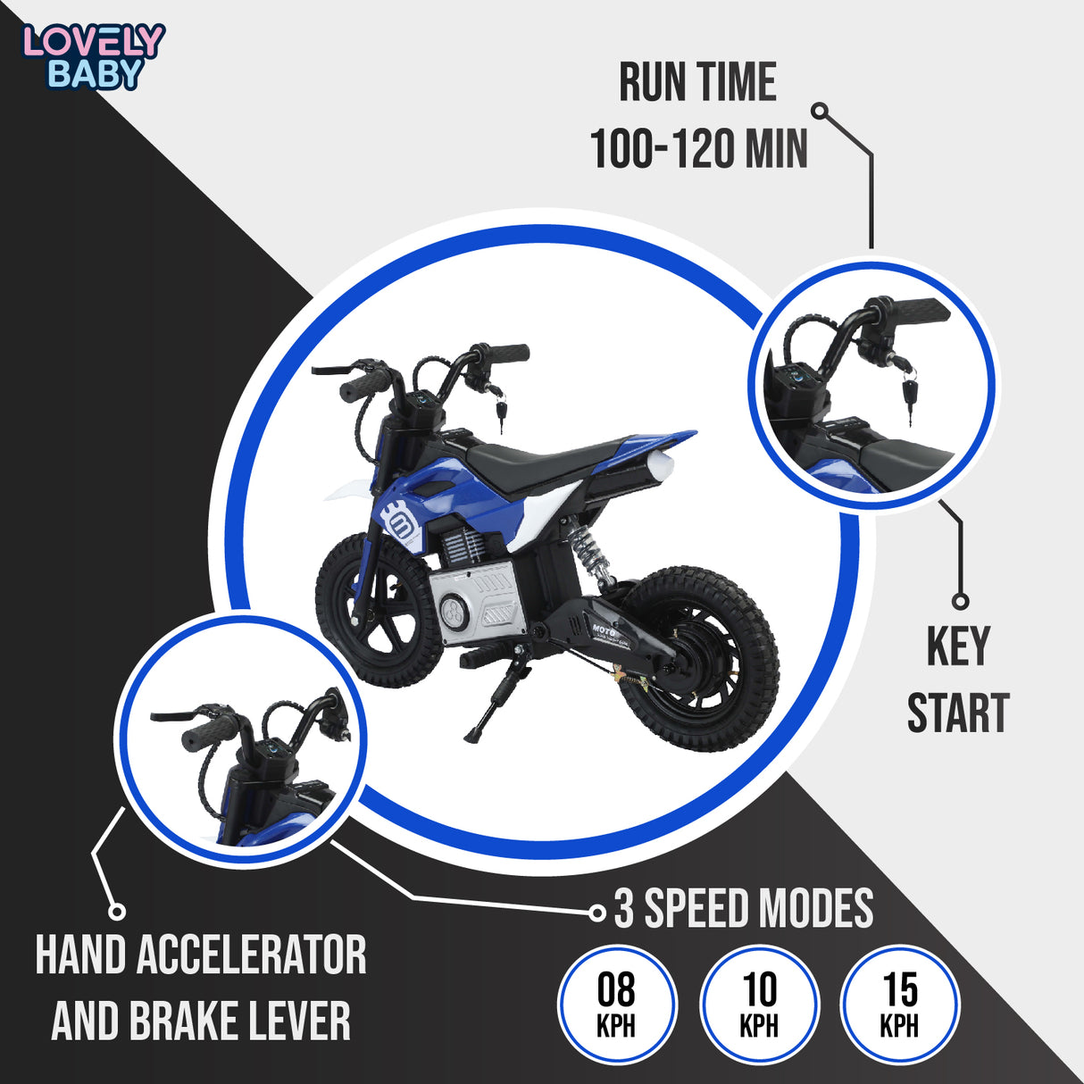 Children's electric bike with features highlighted on a black and white background