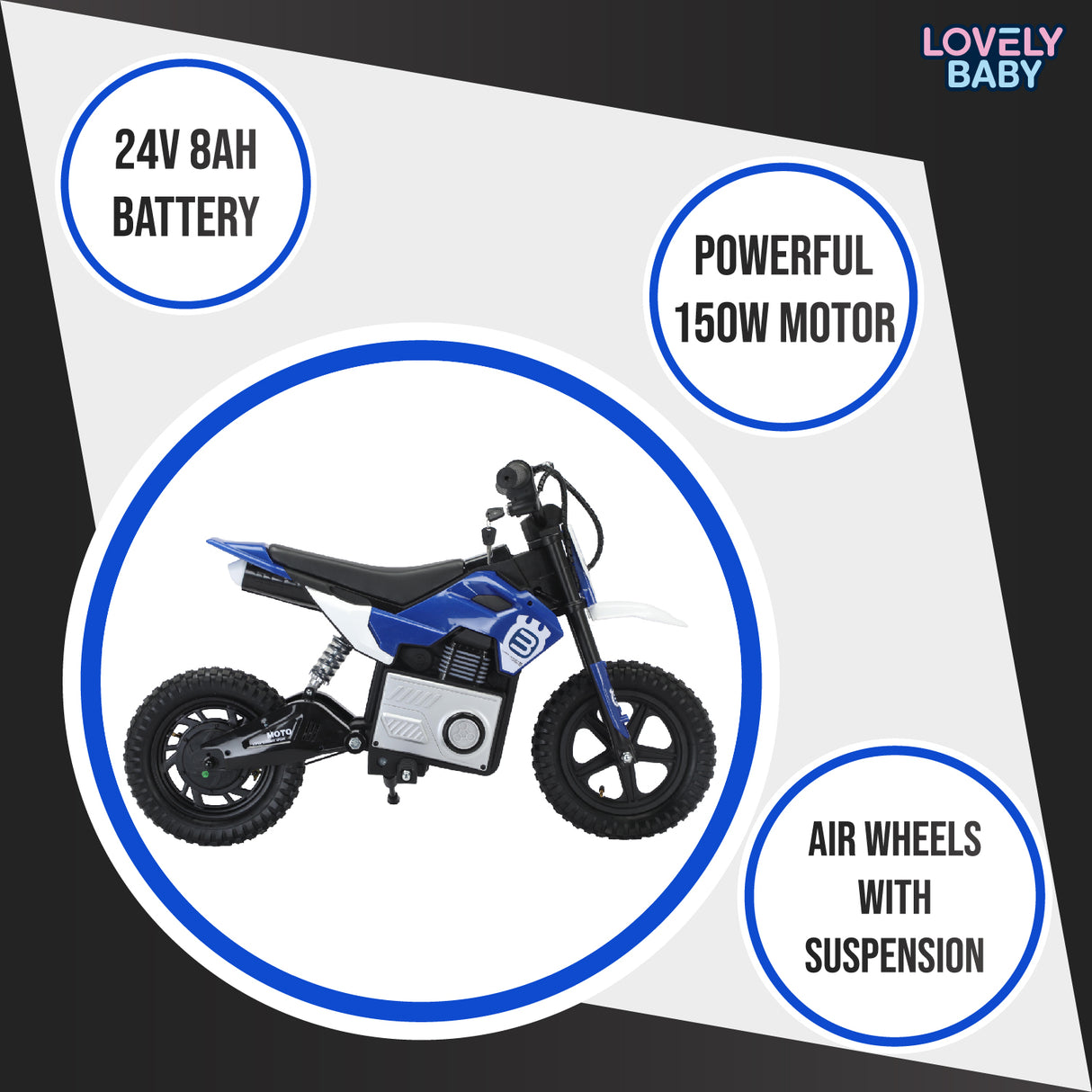Children's electric bike with specifications on a white background, featuring the brand 'Lovely Baby'.