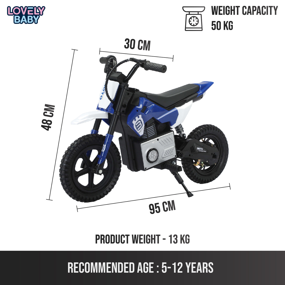 Children's electric bike with dimensions and weight capacity displayed on a white background.