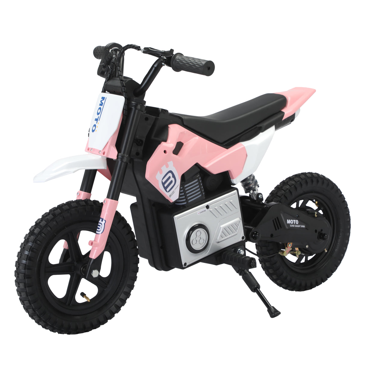 Pink and black children's electric bike on a white background