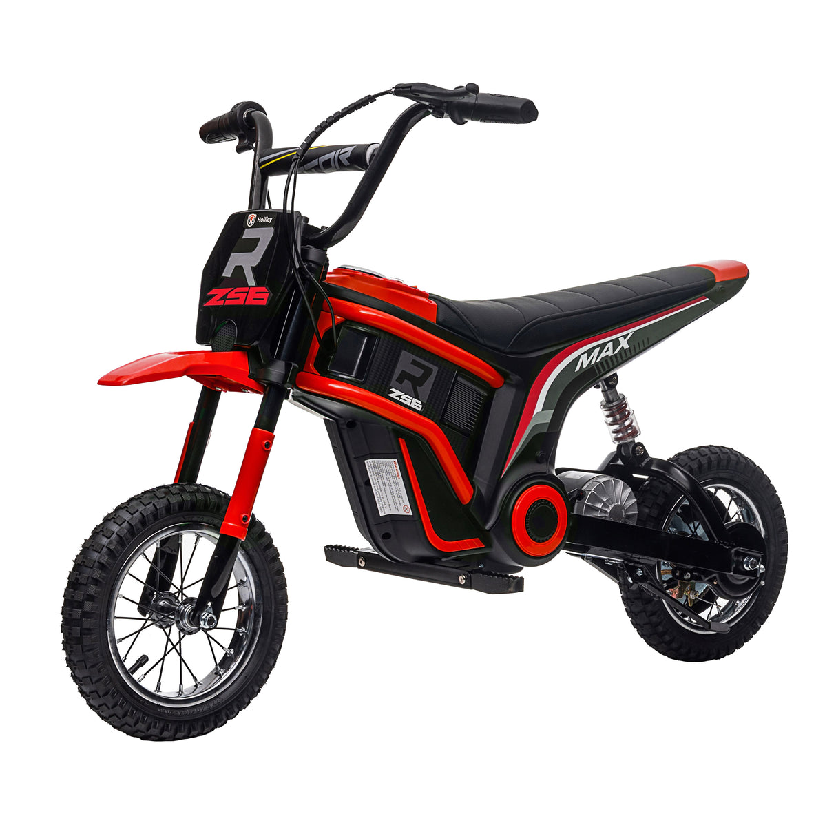 Red and black children's electric bike on a white background