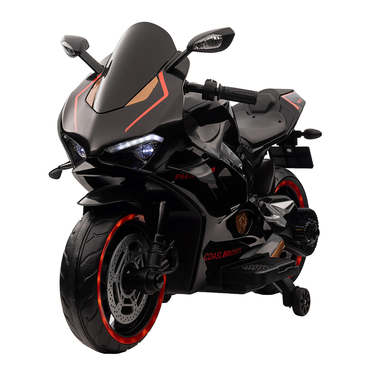 Black and red motorcycle toy on a white background