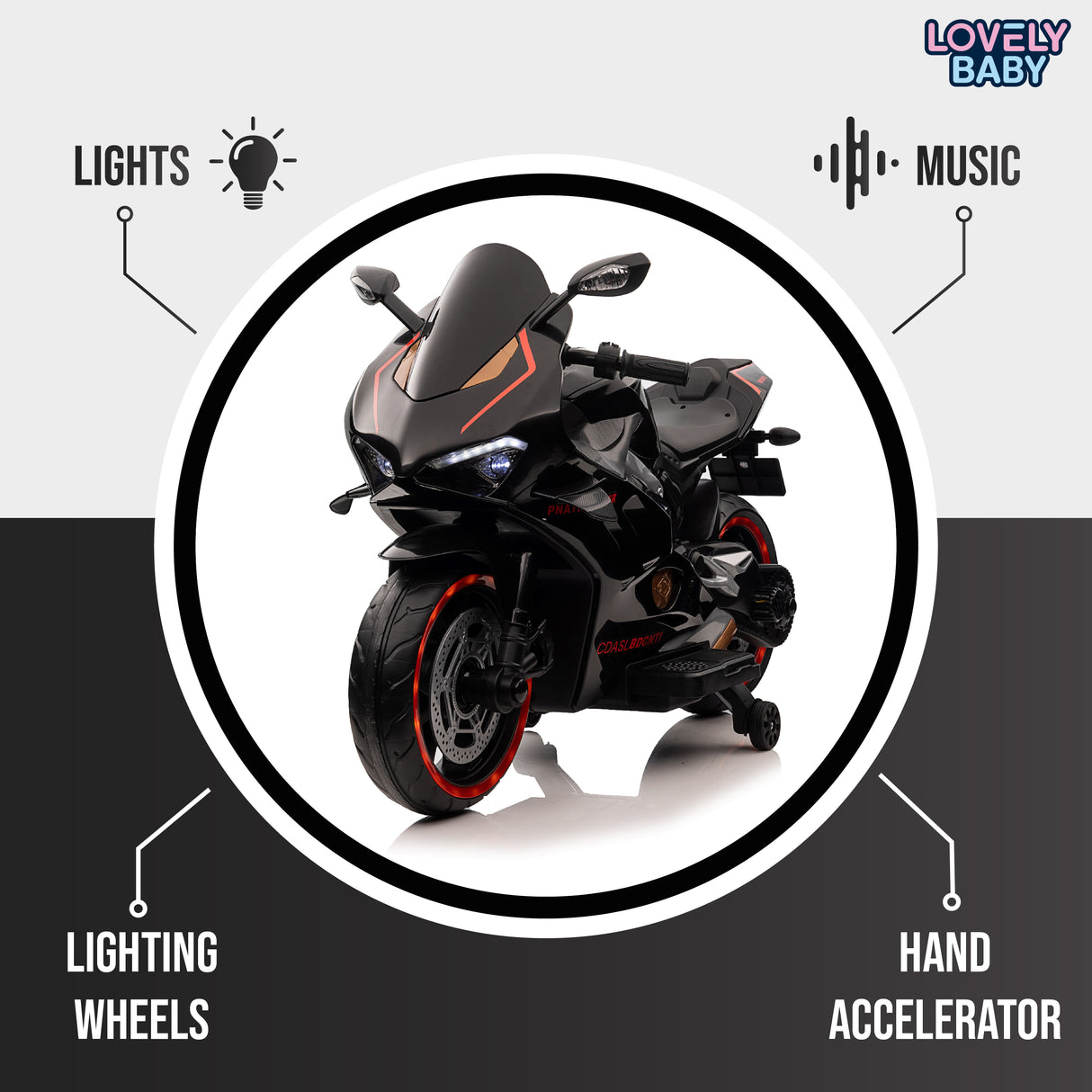 Toy motorcycle with features like lights, music, lighting wheels, and hand accelerator on a white background.