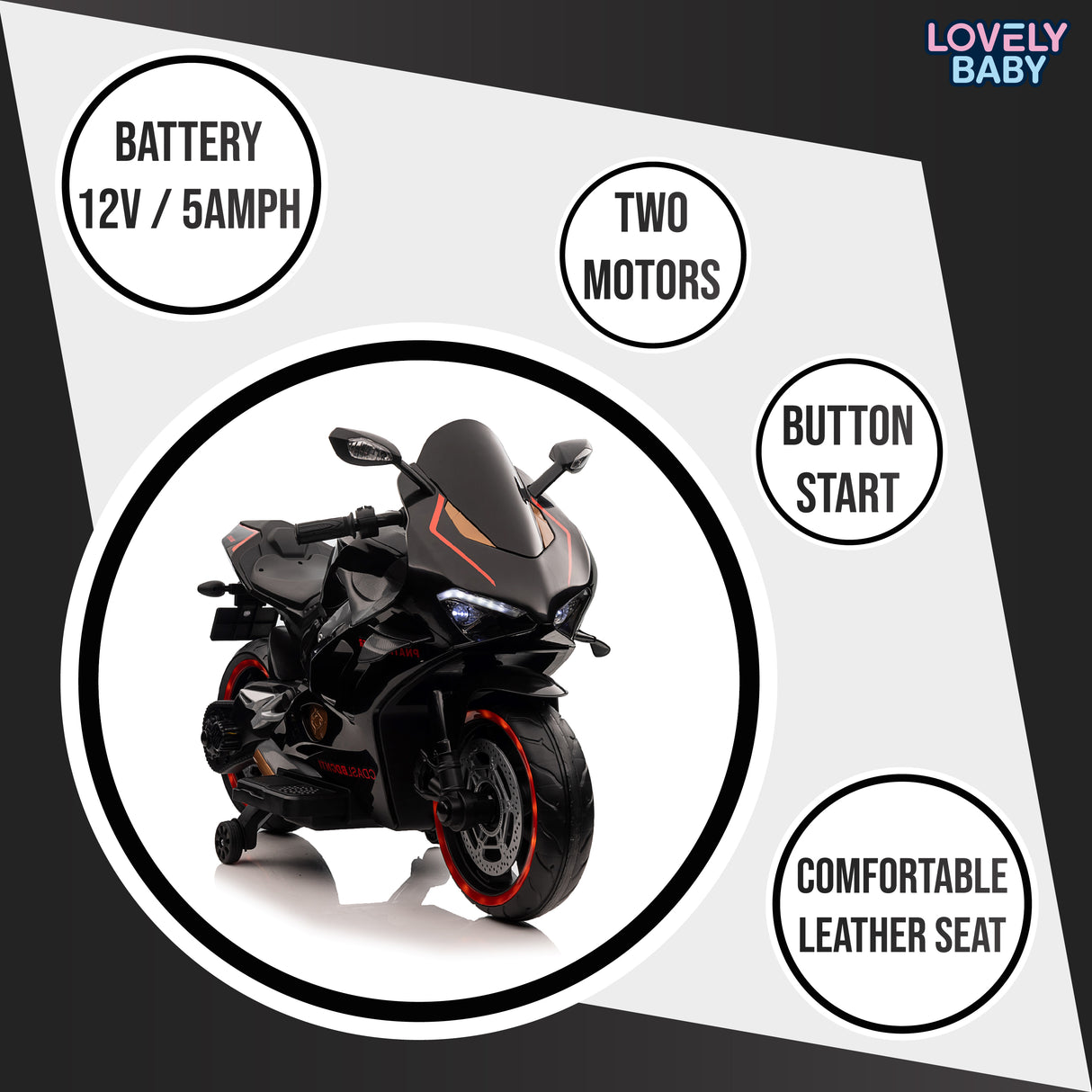 Toy motorcycle with features listed on a white background