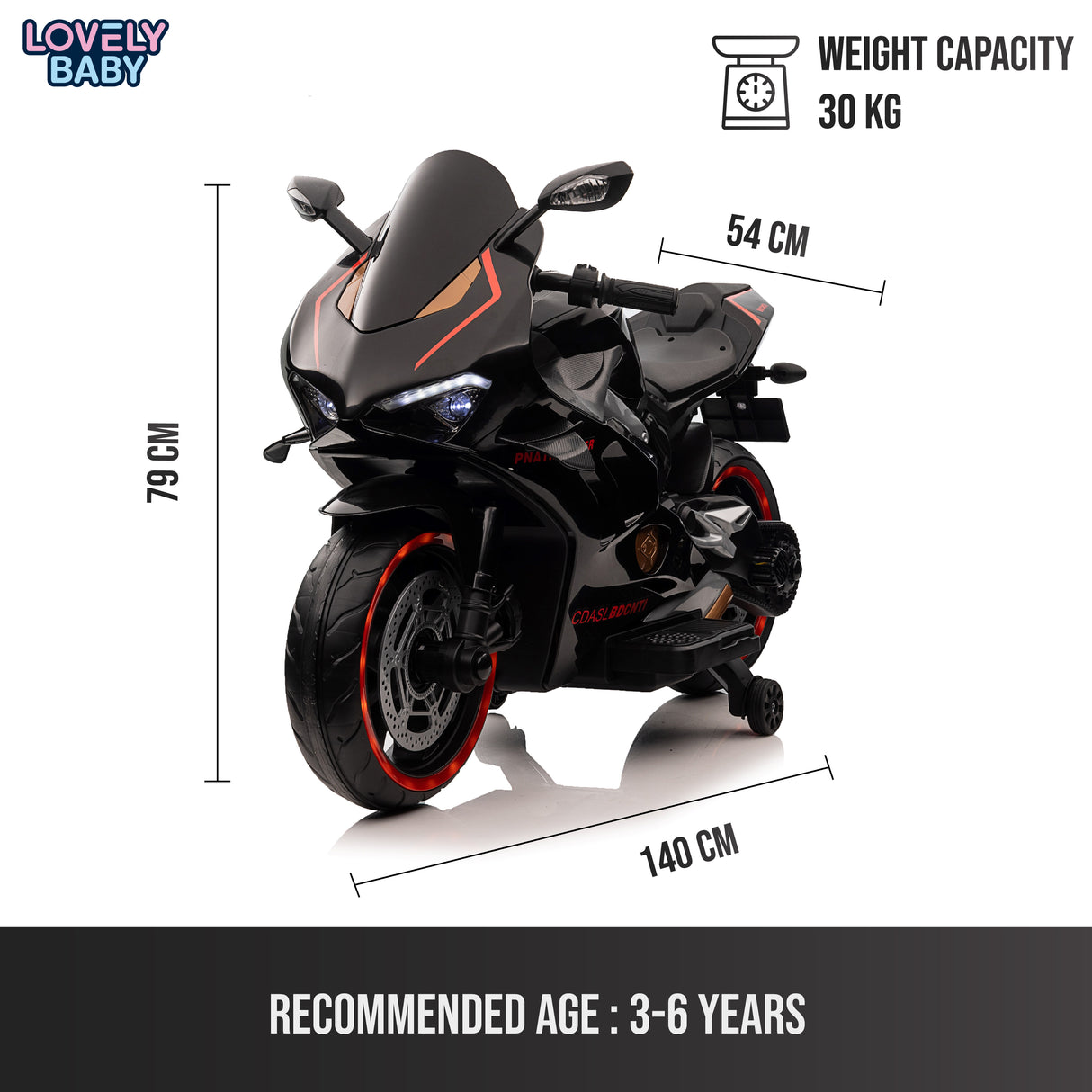 Black toy motorcycle with measurements and capacity details on a white background