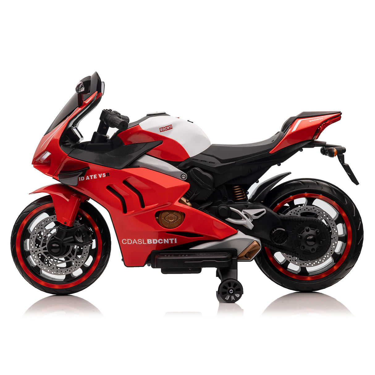 Red and black toy motorcycle on a white background