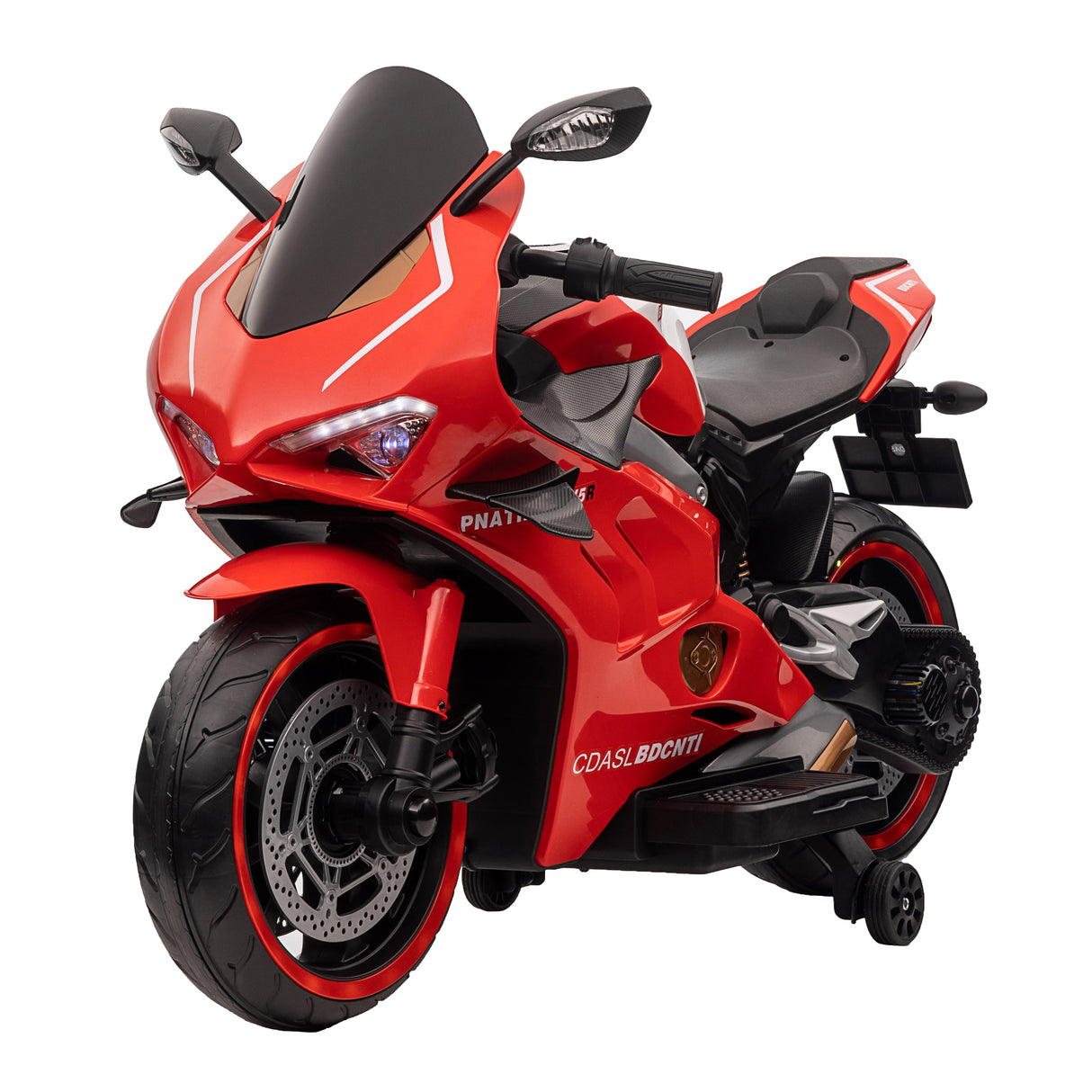 Red toy motorcycle with black accents on a white background