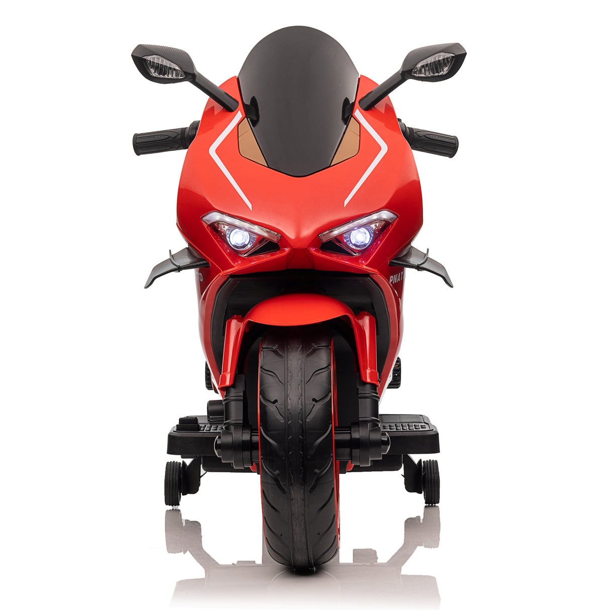 Red toy motorcycle with black wheels on a white background