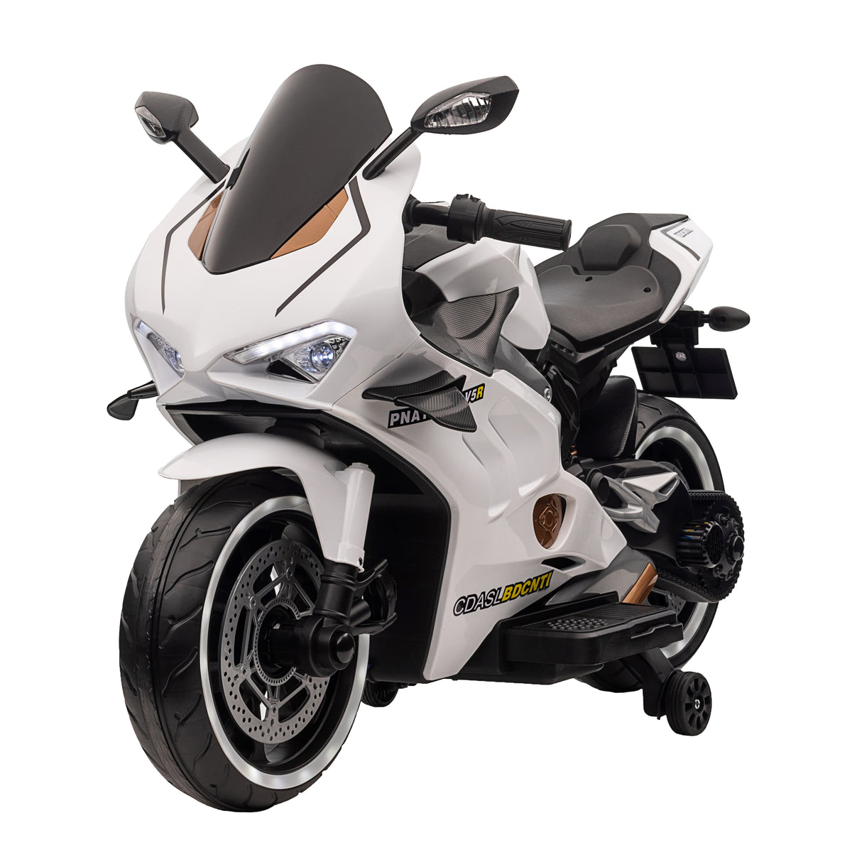 White toy motorcycle with black accents on a white background