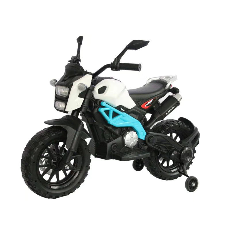 Black and white toy motorcycle with blue accents on a white background